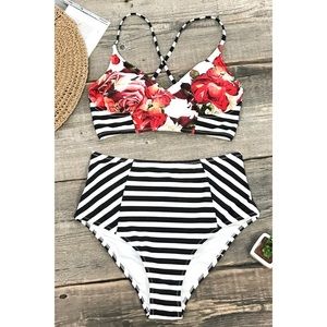 Cupshe Garden Floral and Stripe Bikini Set